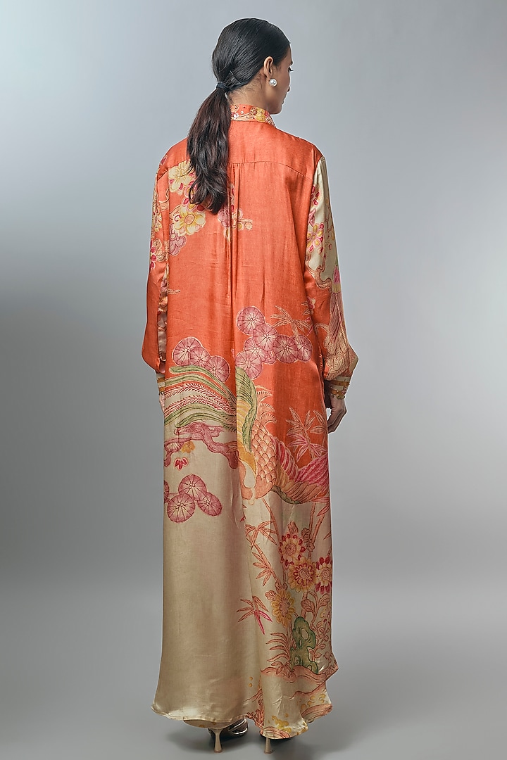 Rust Orange Japan Satin Printed Kurta Set by Paulmi & Harsh at Pernia's Pop Up Shop