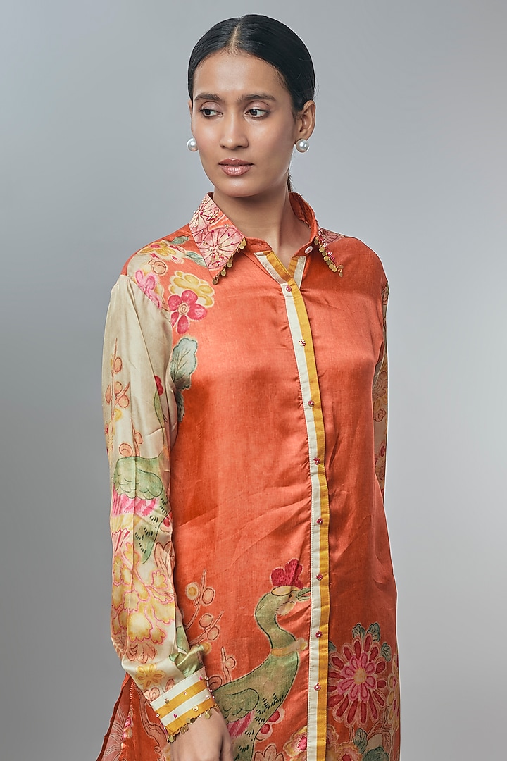 Rust Orange Japan Satin Printed Kurta Set by Paulmi & Harsh at Pernia's Pop Up Shop