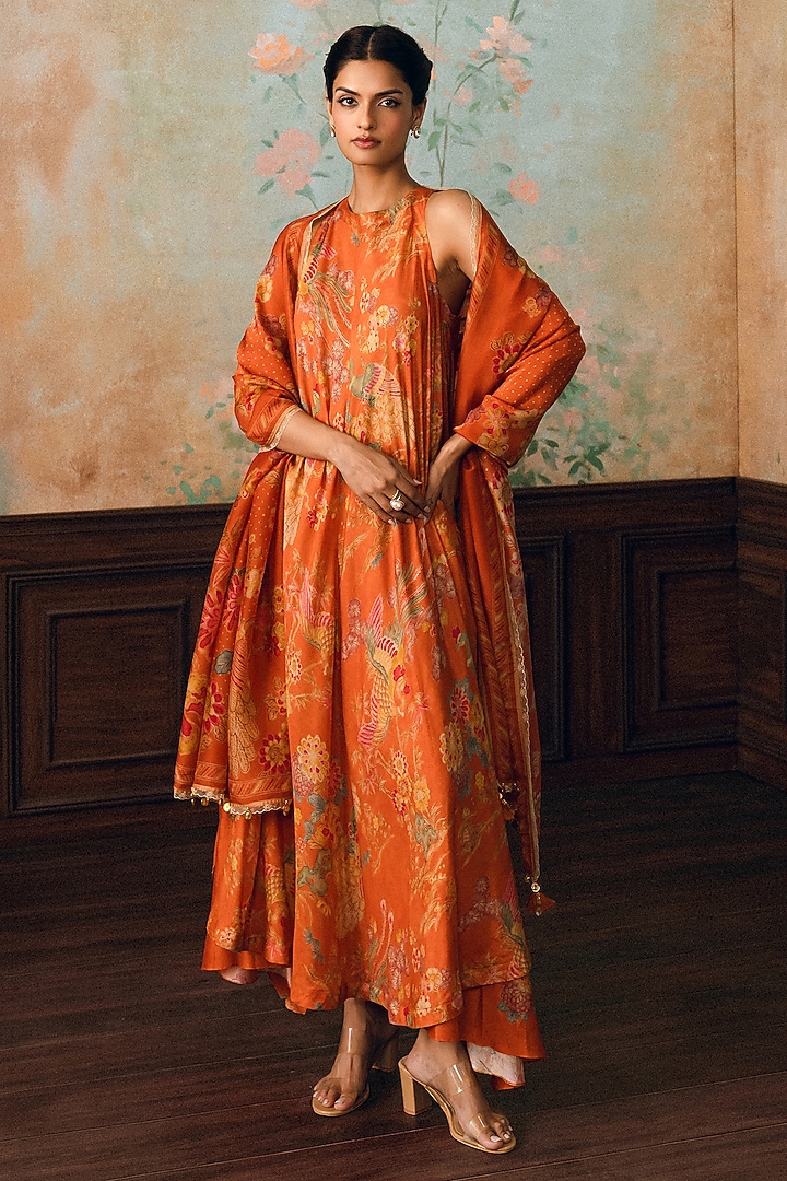 Rust Orange Gokul Chiniya Printed Kurta Set by Paulmi & Harsh at Pernia's Pop Up Shop