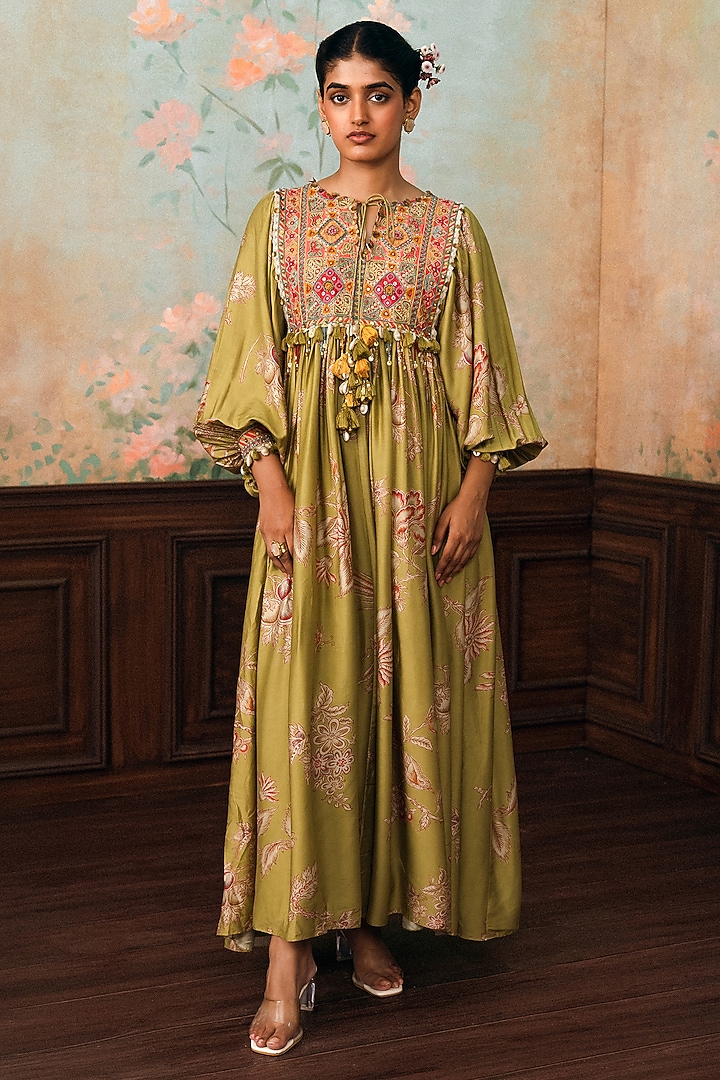 Olive Green Modal Silk Printed & Embroidered Maxi Vacation Dress by Paulmi & Harsh at Pernia's Pop Up Shop