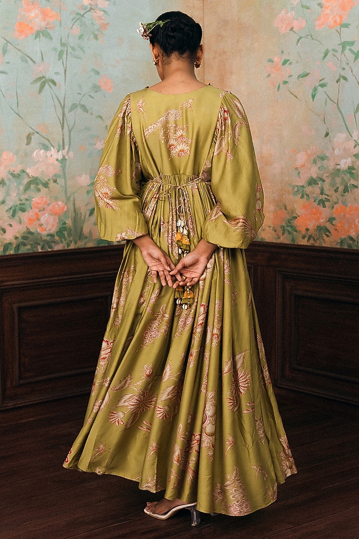 Olive Green Modal Silk Printed & Embroidered Maxi Vacation Dress by Paulmi & Harsh at Pernia's Pop Up Shop