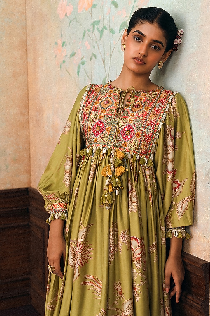 Olive Green Modal Silk Printed & Embroidered Maxi Vacation Dress by Paulmi & Harsh at Pernia's Pop Up Shop