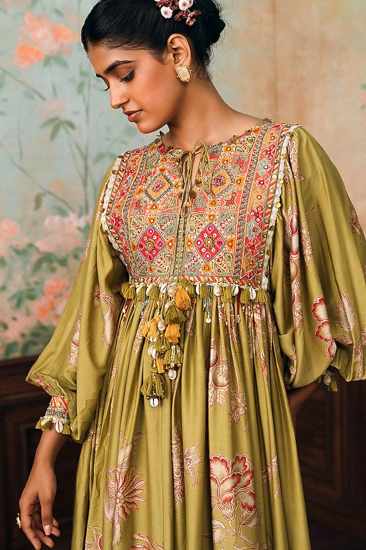 Olive Green Modal Silk Printed & Embroidered Maxi Vacation Dress by Paulmi & Harsh at Pernia's Pop Up Shop