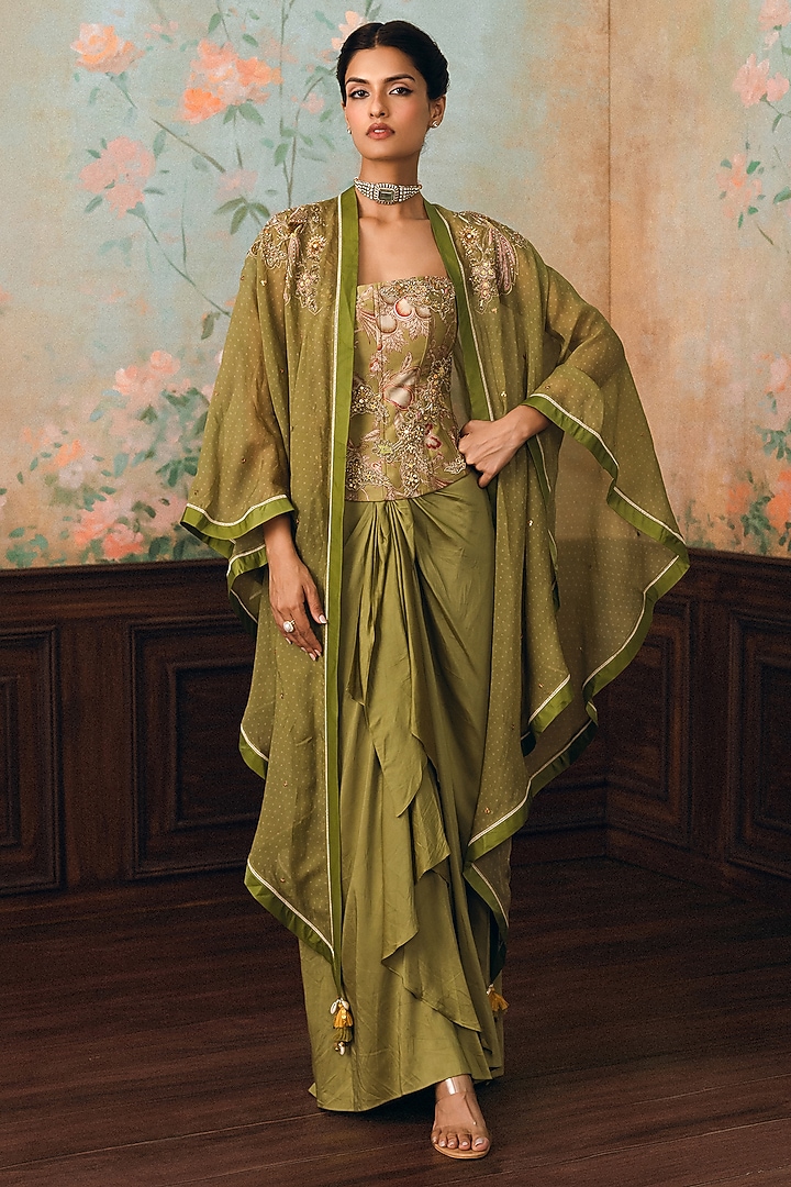 Olive Green Modal Silk Knotted Skirt Set by Paulmi & Harsh at Pernia's Pop Up Shop