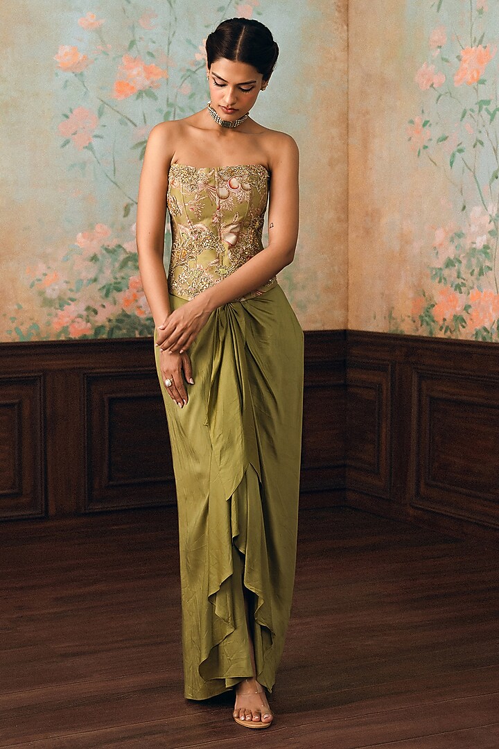 Olive Green Modal Silk Knotted Skirt Set by Paulmi & Harsh at Pernia's Pop Up Shop