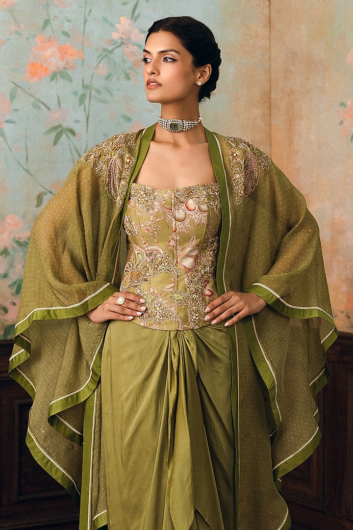 Olive Green Modal Silk Knotted Skirt Set by Paulmi & Harsh at Pernia's Pop Up Shop