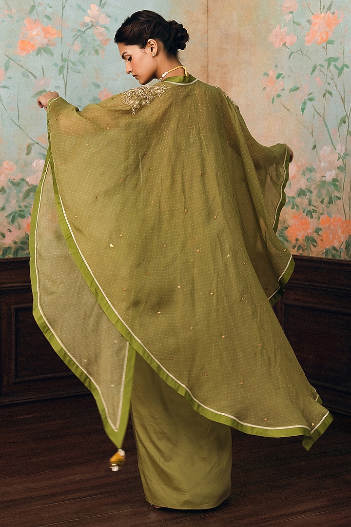 Olive Green Modal Silk Knotted Skirt Set by Paulmi & Harsh at Pernia's Pop Up Shop