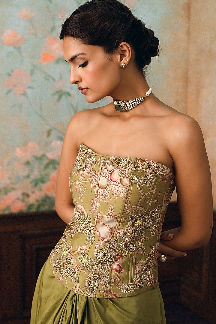 Olive Green Modal Silk Knotted Skirt Set by Paulmi & Harsh at Pernia's Pop Up Shop