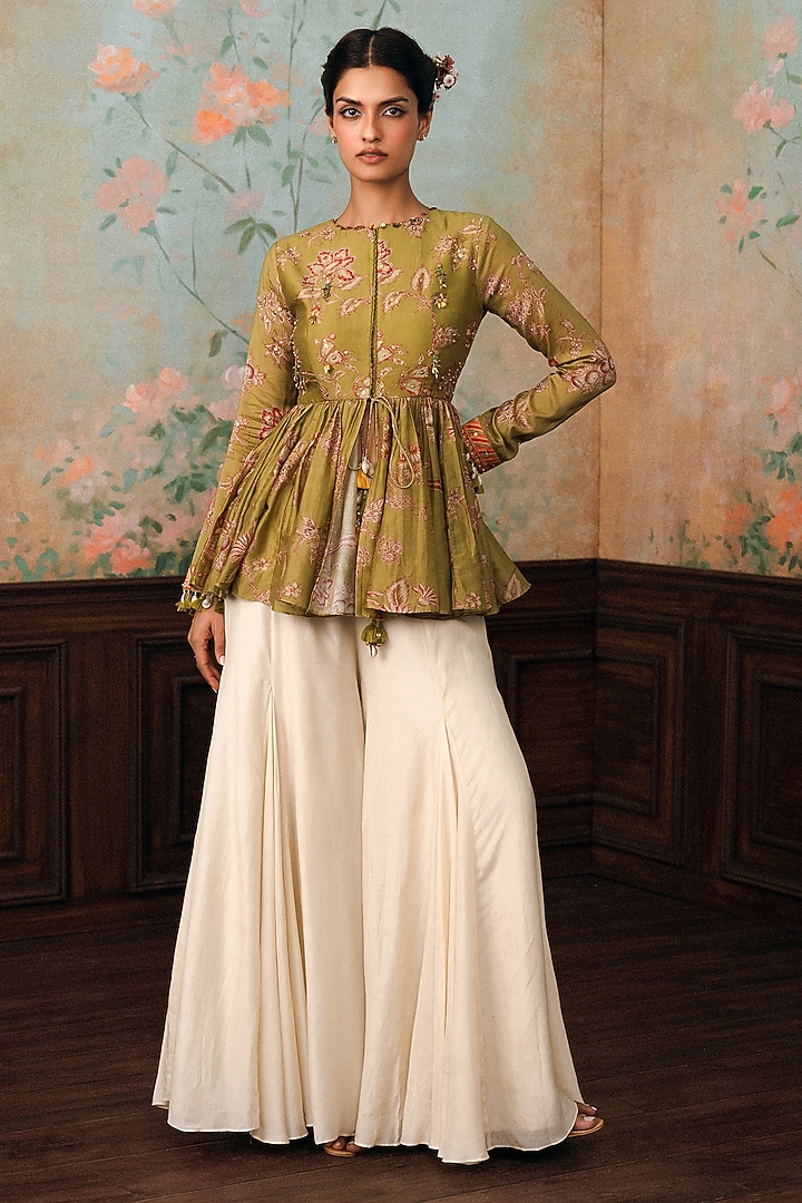 Ivory Cotton Silk Palazzo Set by Paulmi & Harsh at Pernia's Pop Up Shop