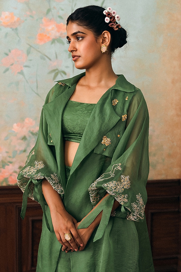 Parrot Green Jacquard Pant Set by Paulmi & Harsh at Pernia's Pop Up Shop