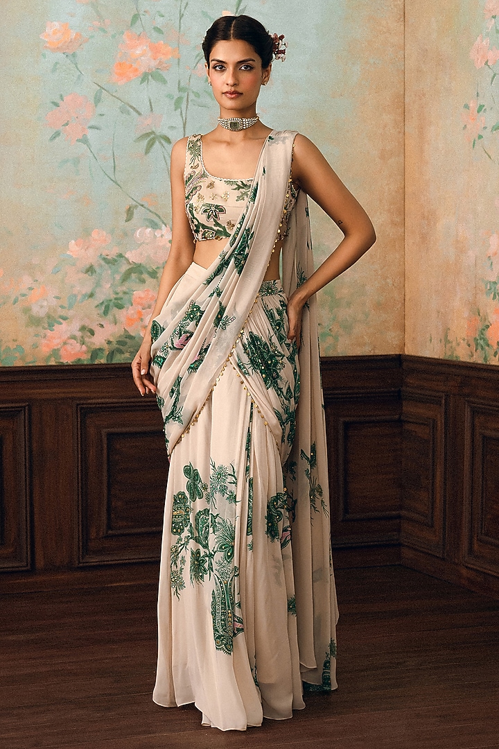 Ivory & Green Georgette Printed Pre-Draped Wedding Saree Set by Paulmi & Harsh at Pernia's Pop Up Shop