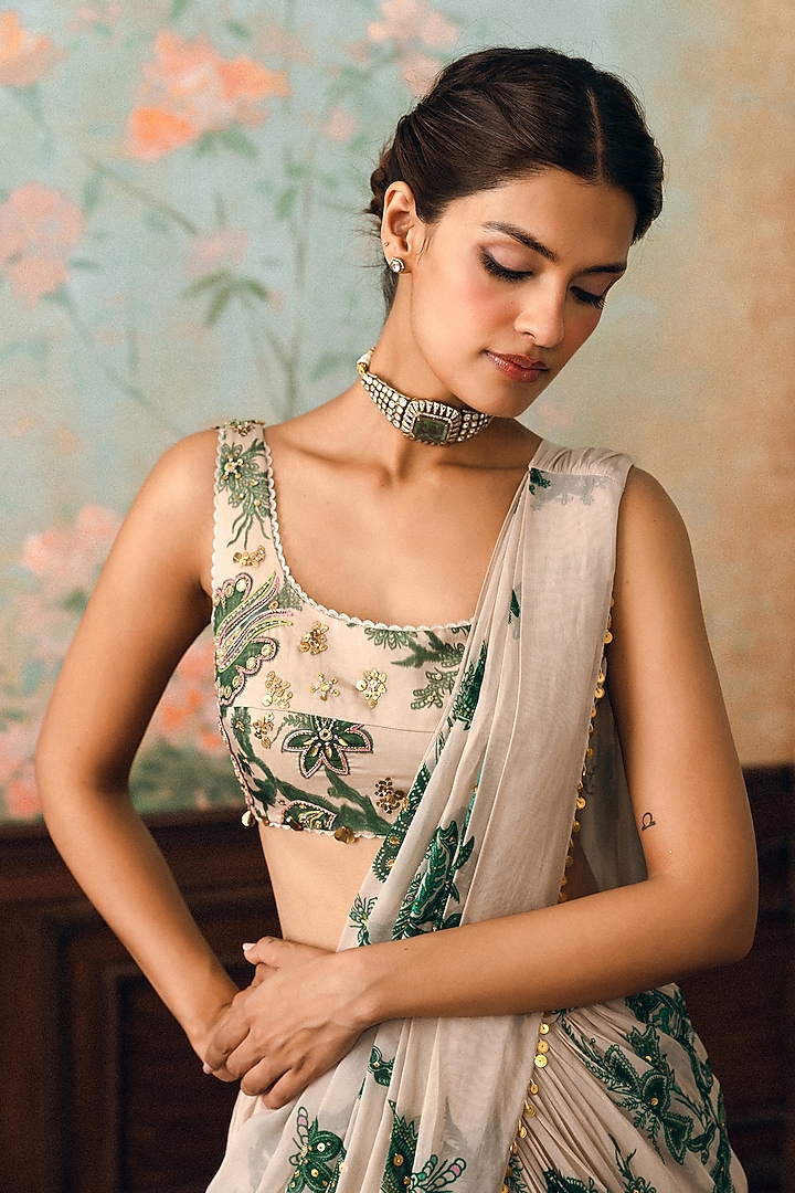 Ivory & Green Georgette Printed Pre-Draped Wedding Saree Set by Paulmi & Harsh at Pernia's Pop Up Shop