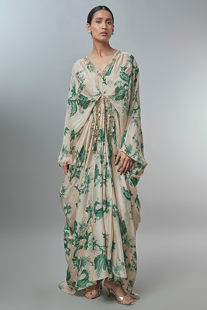 Beige Silk Organza Floral Printed Kaftan by Paulmi & Harsh at Pernia's Pop Up Shop