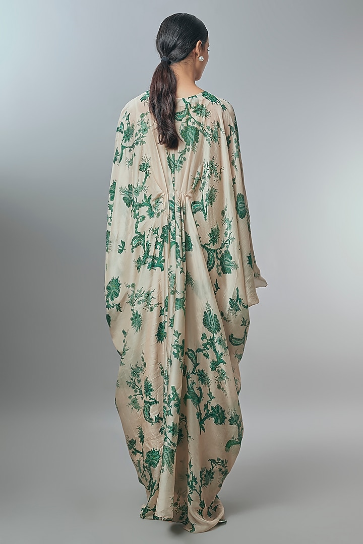 Beige Silk Organza Floral Printed Kaftan by Paulmi & Harsh at Pernia's Pop Up Shop