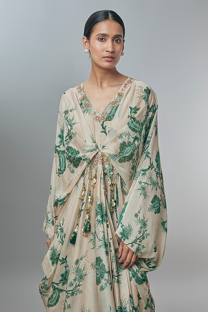 Beige Silk Organza Floral Printed Kaftan by Paulmi & Harsh at Pernia's Pop Up Shop