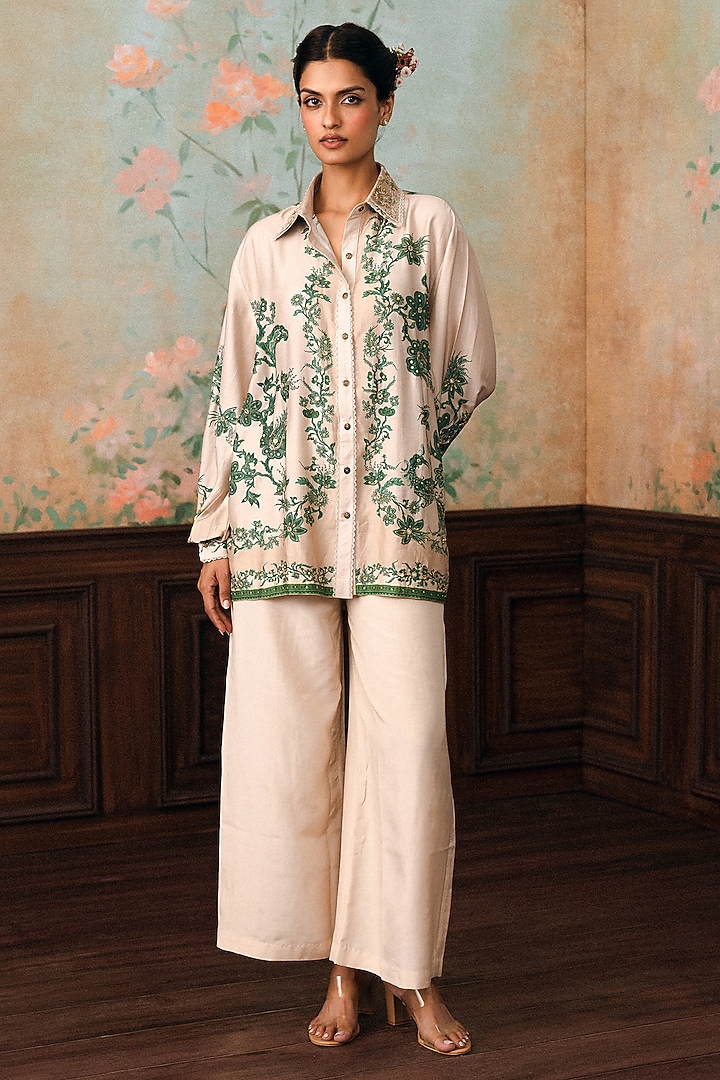 Ivory & Green Modal Silk Printed Shirt by Paulmi & Harsh at Pernia's Pop Up Shop