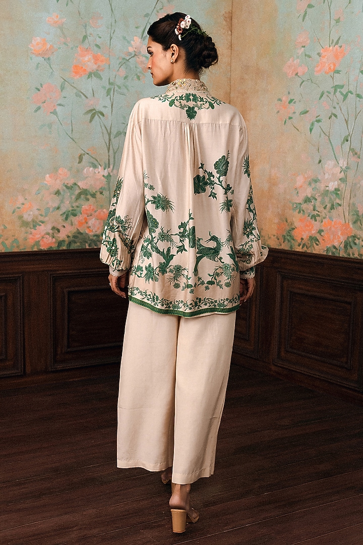 Ivory & Green Modal Silk Printed Shirt by Paulmi & Harsh at Pernia's Pop Up Shop