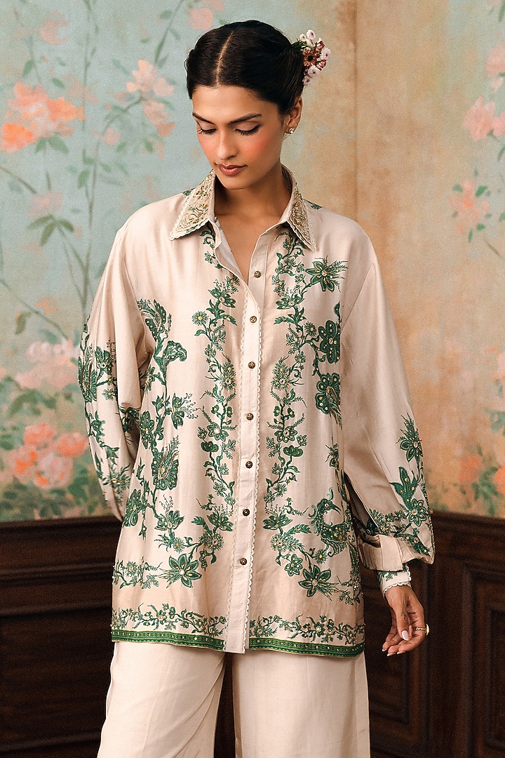 Ivory & Green Modal Silk Printed Shirt by Paulmi & Harsh at Pernia's Pop Up Shop