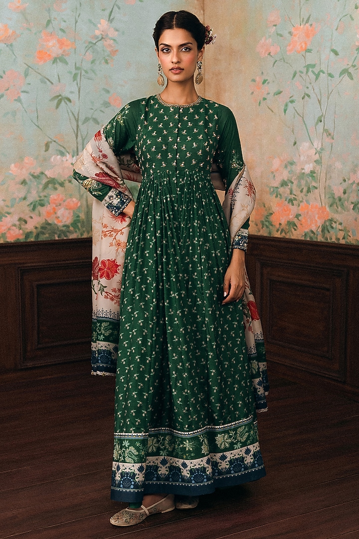 Forest Green Cotton Silk Butta Printed & Hand Embroidered Wedding Anarkali Set by Paulmi & Harsh at Pernia's Pop Up Shop