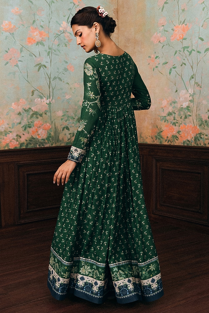 Forest Green Cotton Silk Butta Printed & Hand Embroidered Wedding Anarkali Set by Paulmi & Harsh at Pernia's Pop Up Shop