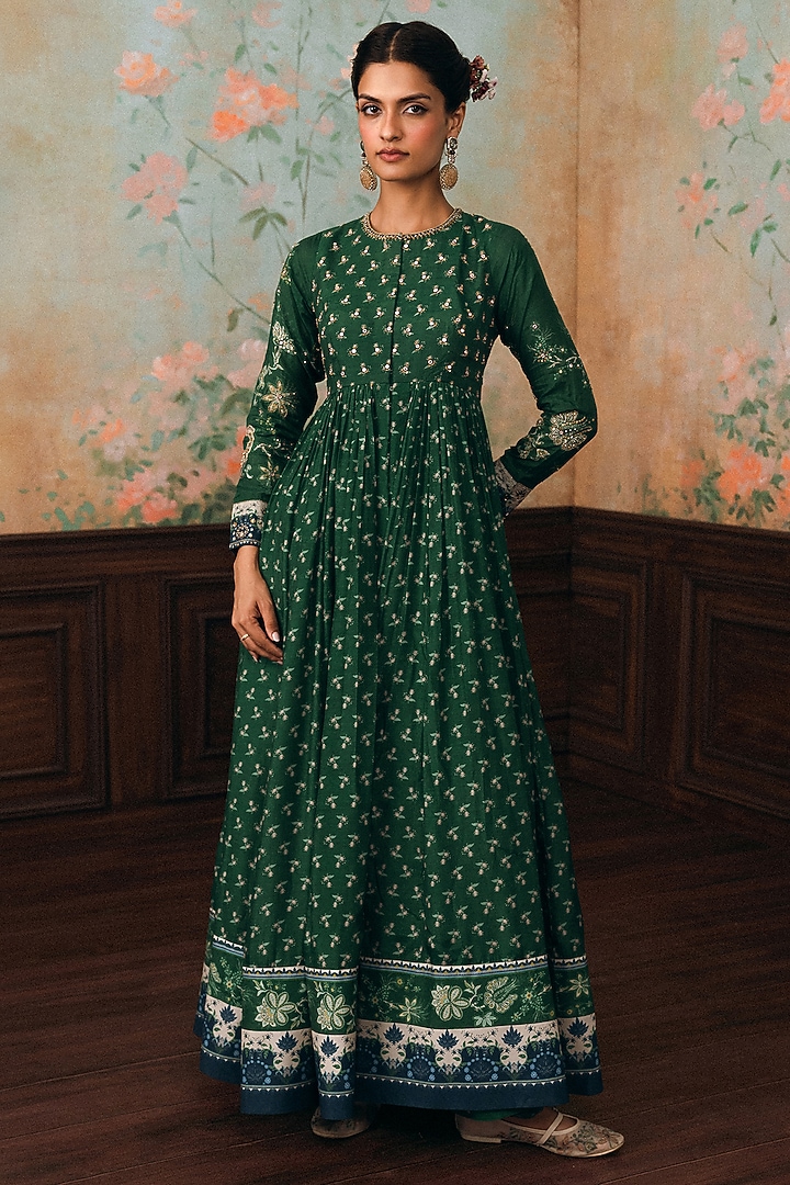 Forest Green Cotton Silk Butta Printed & Hand Embroidered Wedding Anarkali Set by Paulmi & Harsh at Pernia's Pop Up Shop