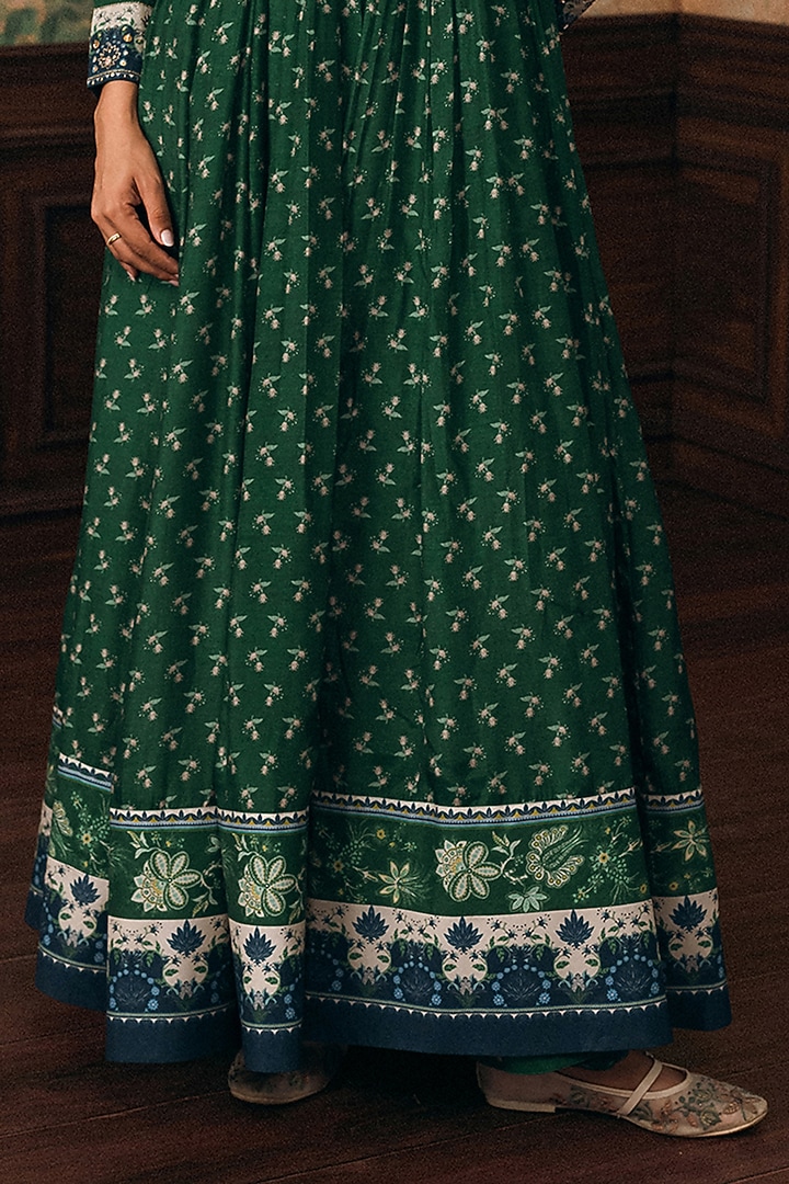 Forest Green Cotton Silk Butta Printed & Hand Embroidered Wedding Anarkali Set by Paulmi & Harsh at Pernia's Pop Up Shop