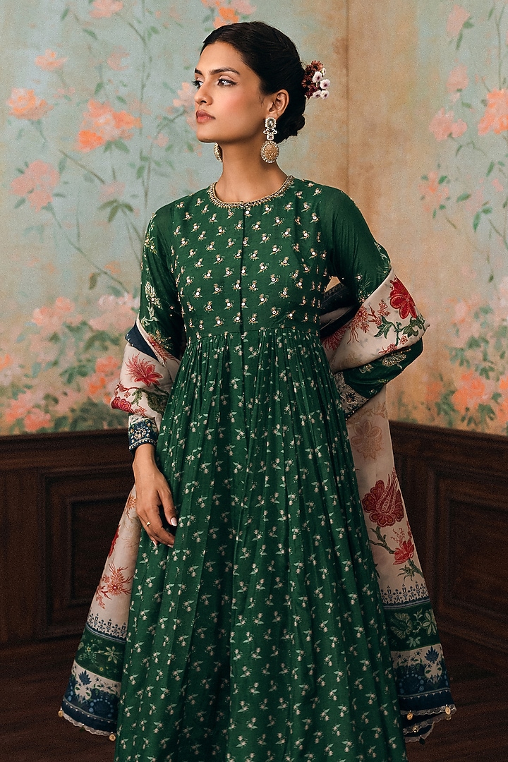Forest Green Cotton Silk Butta Printed & Hand Embroidered Wedding Anarkali Set by Paulmi & Harsh at Pernia's Pop Up Shop
