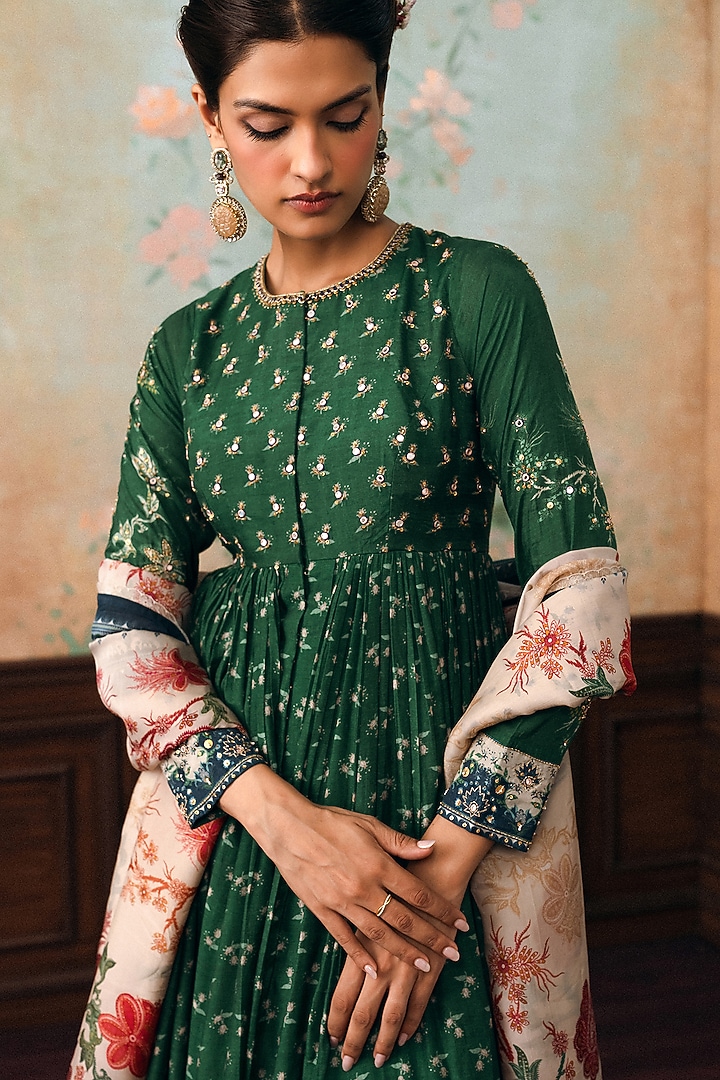 Forest Green Cotton Silk Butta Printed & Hand Embroidered Wedding Anarkali Set by Paulmi & Harsh at Pernia's Pop Up Shop