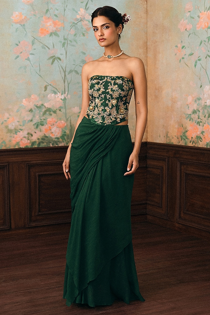 Forest Green Crushed Draped Skirt Set by Paulmi & Harsh at Pernia's Pop Up Shop