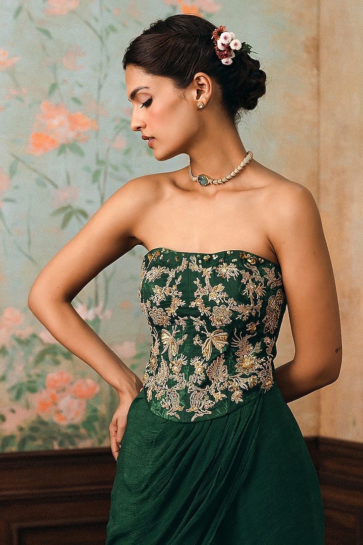 Forest Green Crushed Draped Skirt Set by Paulmi & Harsh at Pernia's Pop Up Shop