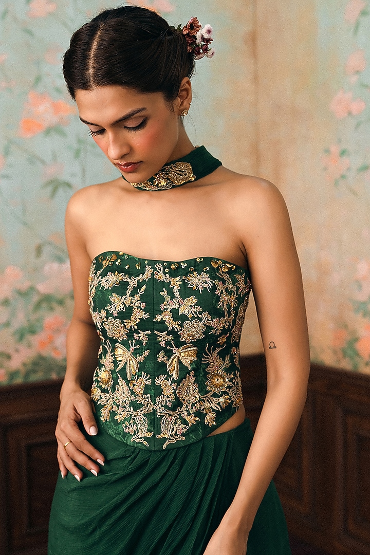 Forest Green Crushed Draped Skirt Set by Paulmi & Harsh at Pernia's Pop Up Shop