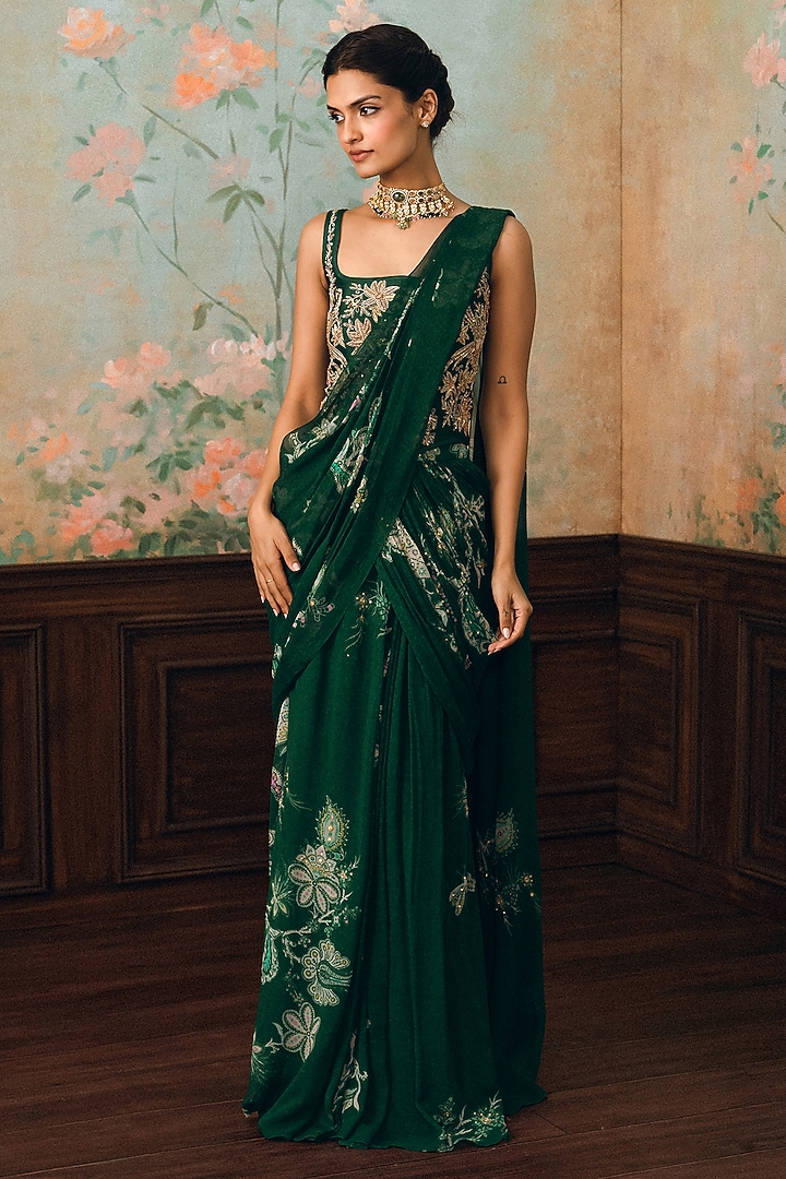 Forest Green Georgette Printed Wedding Saree Set by Paulmi & Harsh at Pernia's Pop Up Shop