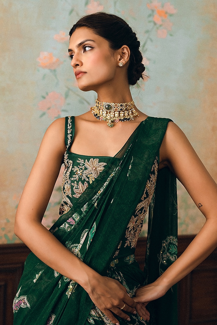 Forest Green Georgette Printed Wedding Saree Set by Paulmi & Harsh at Pernia's Pop Up Shop