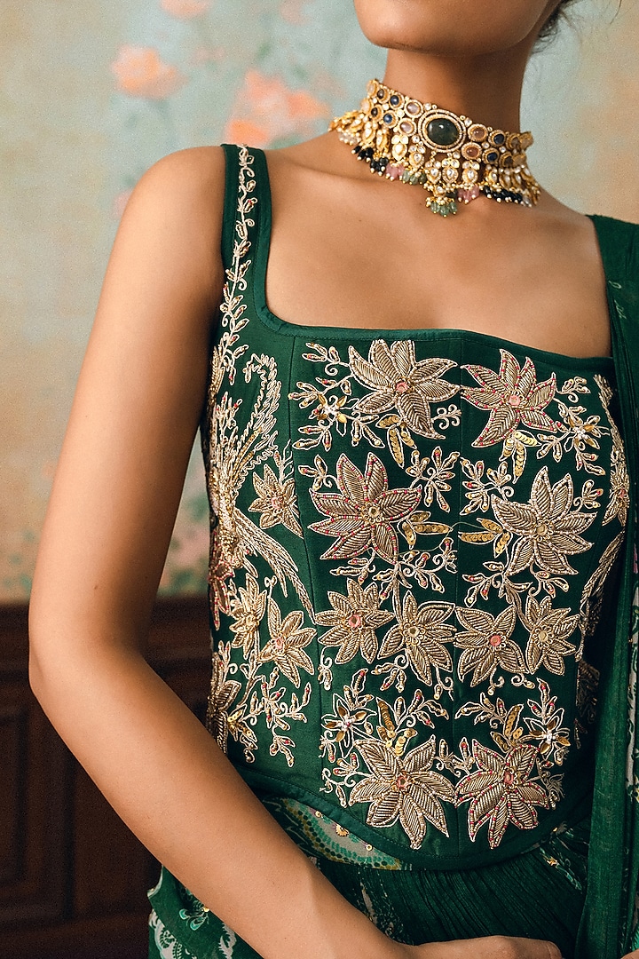 Forest Green Georgette Printed Wedding Saree Set by Paulmi & Harsh at Pernia's Pop Up Shop