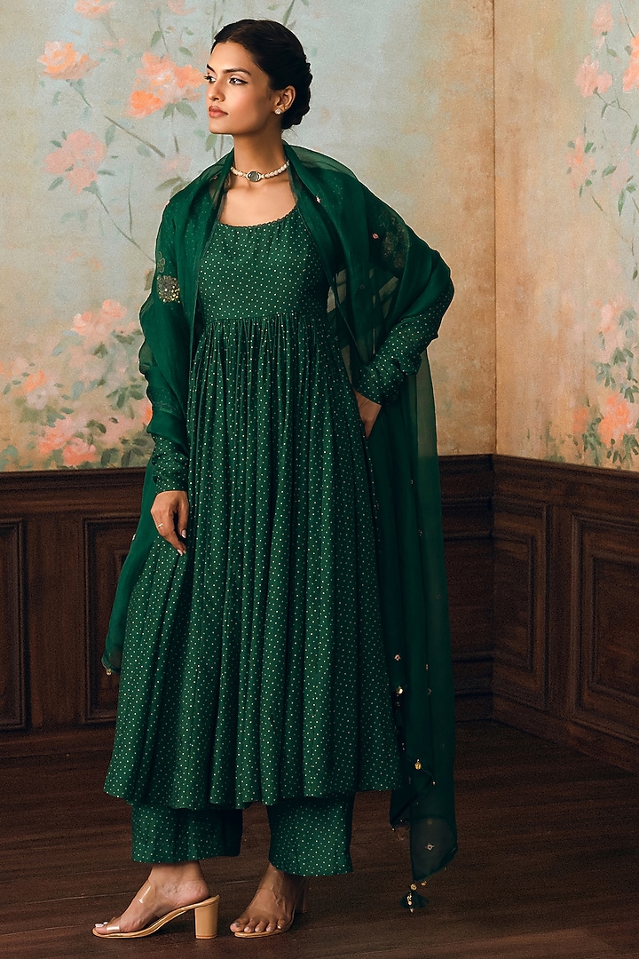 Forest Green Cotton Silk Printed Wedding Anarkali Set by Paulmi & Harsh at Pernia's Pop Up Shop