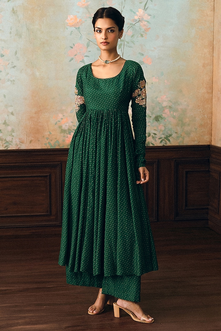 Forest Green Cotton Silk Printed Wedding Anarkali Set by Paulmi & Harsh at Pernia's Pop Up Shop
