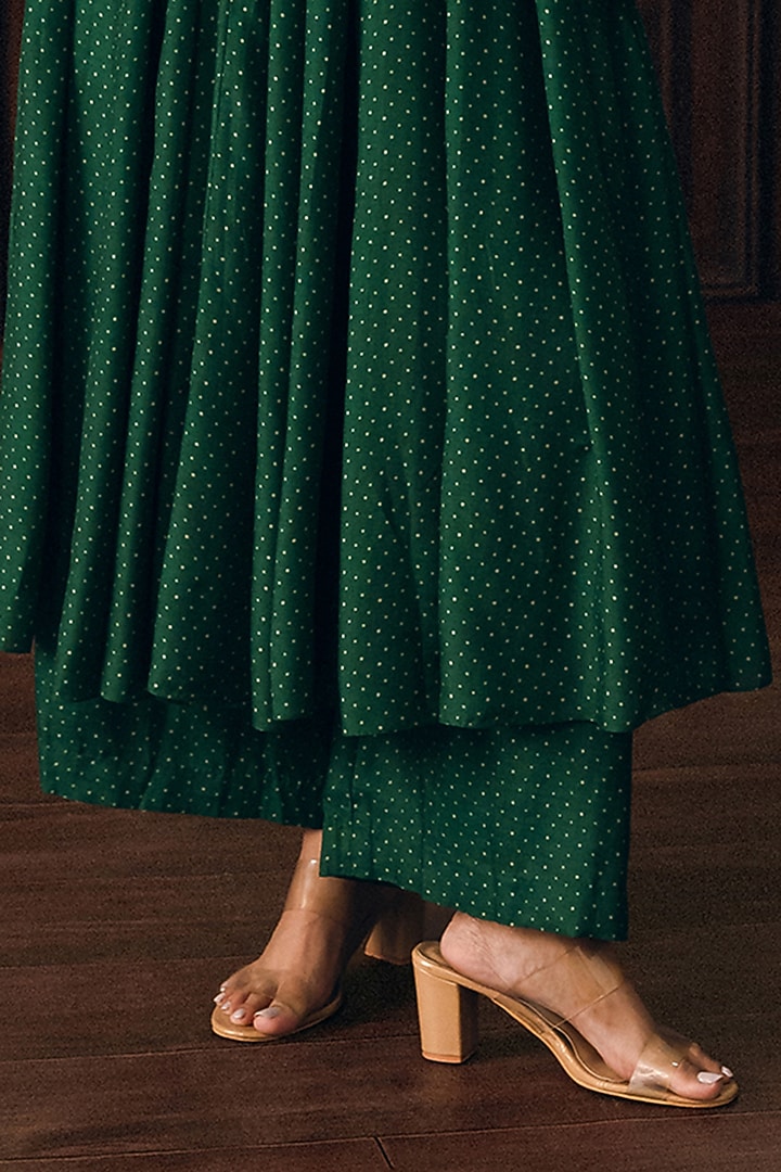 Forest Green Cotton Silk Printed Wedding Anarkali Set by Paulmi & Harsh at Pernia's Pop Up Shop