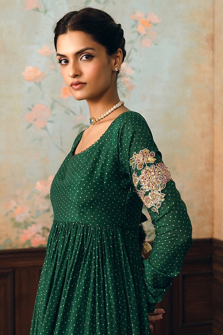 Forest Green Cotton Silk Printed Wedding Anarkali Set by Paulmi & Harsh at Pernia's Pop Up Shop