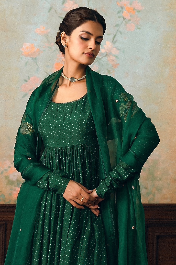 Forest Green Cotton Silk Printed Wedding Anarkali Set by Paulmi & Harsh at Pernia's Pop Up Shop
