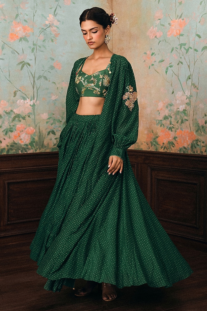Forest Green Cotton Silk Polka Dot Printed Skirt Set by Paulmi & Harsh at Pernia's Pop Up Shop