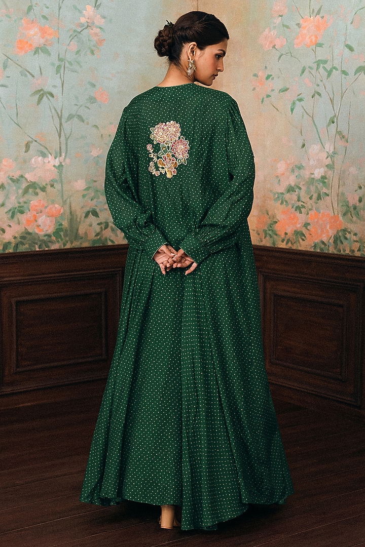 Forest Green Cotton Silk Polka Dot Printed Skirt Set by Paulmi & Harsh at Pernia's Pop Up Shop