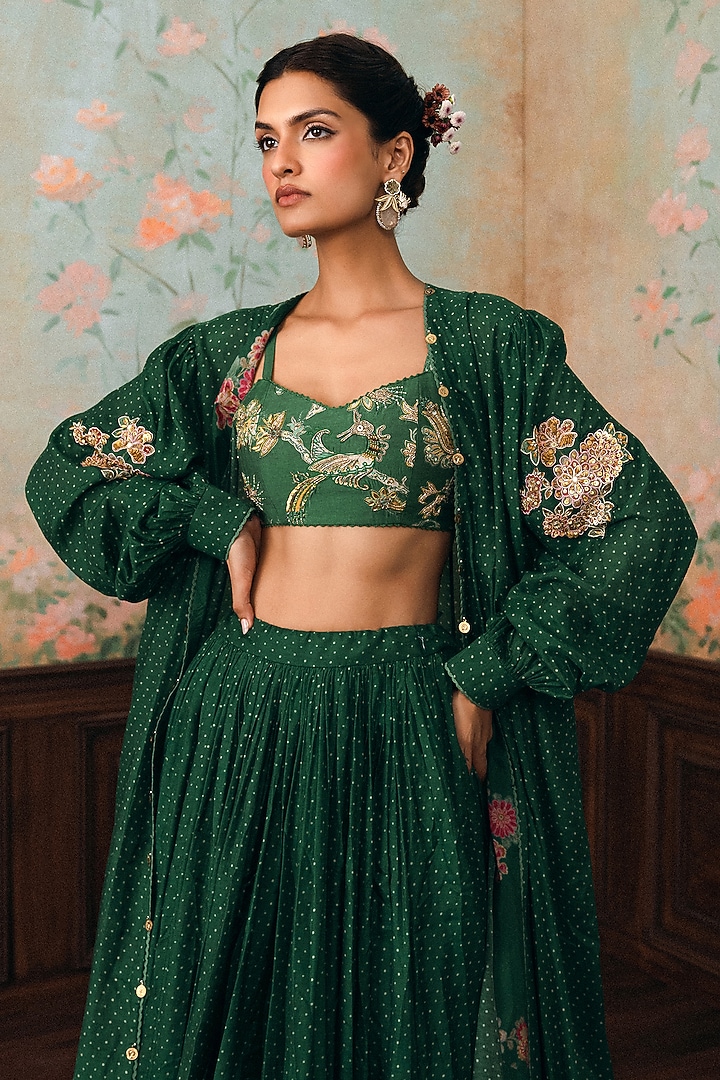 Forest Green Cotton Silk Polka Dot Printed Skirt Set by Paulmi & Harsh at Pernia's Pop Up Shop