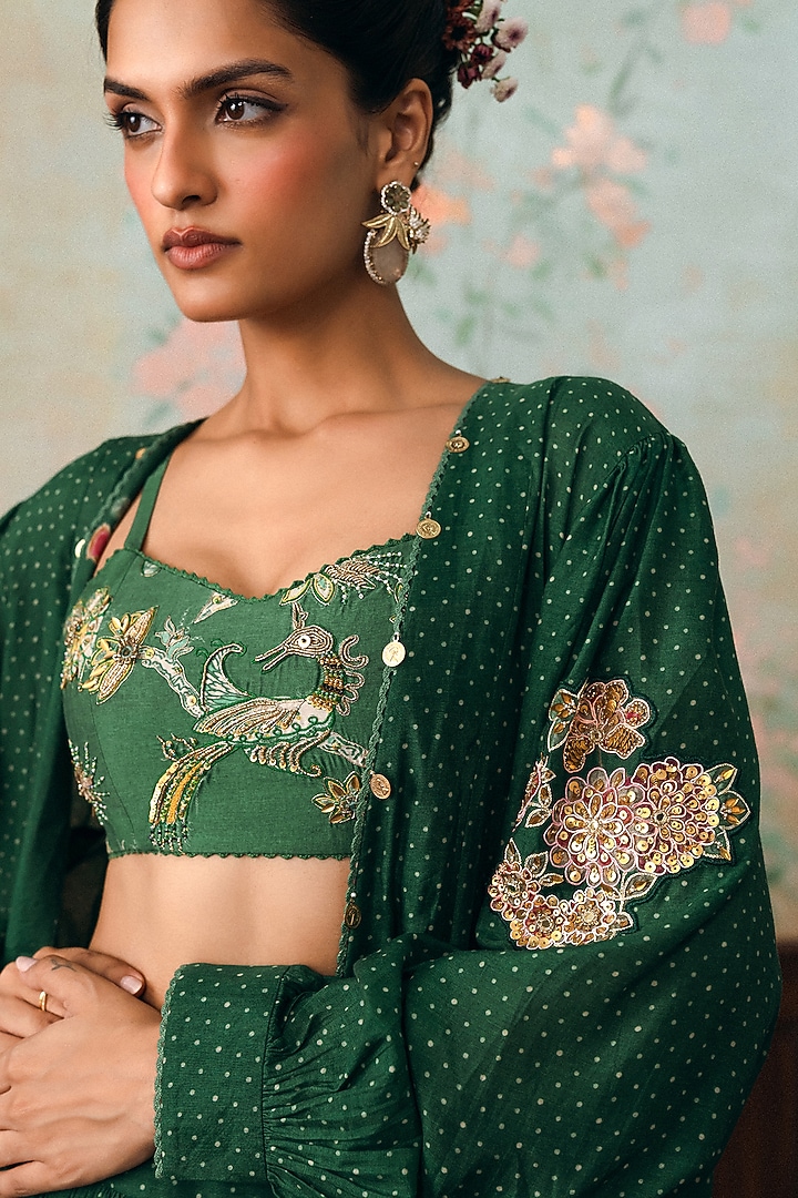 Forest Green Cotton Silk Polka Dot Printed Skirt Set by Paulmi & Harsh at Pernia's Pop Up Shop
