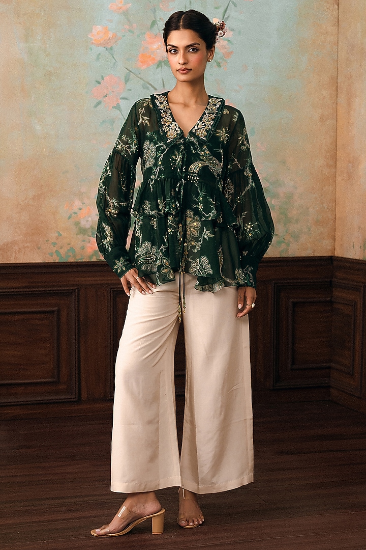 Forest Green Pure Organza Printed Shirt by Paulmi & Harsh at Pernia's Pop Up Shop