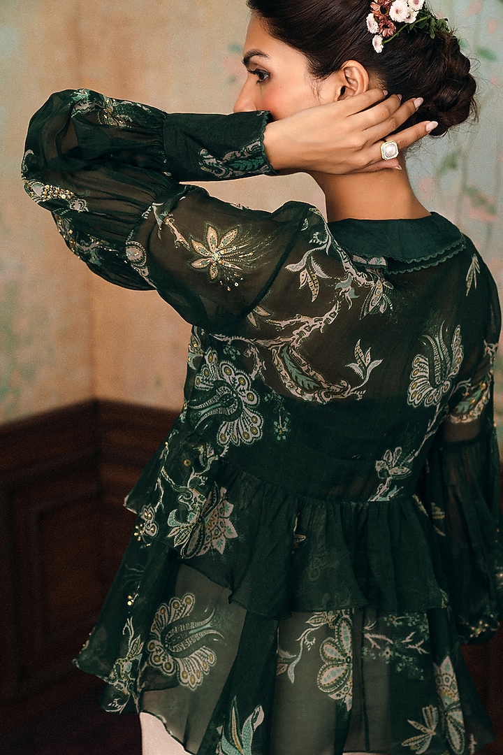 Forest Green Pure Organza Printed Shirt by Paulmi & Harsh at Pernia's Pop Up Shop