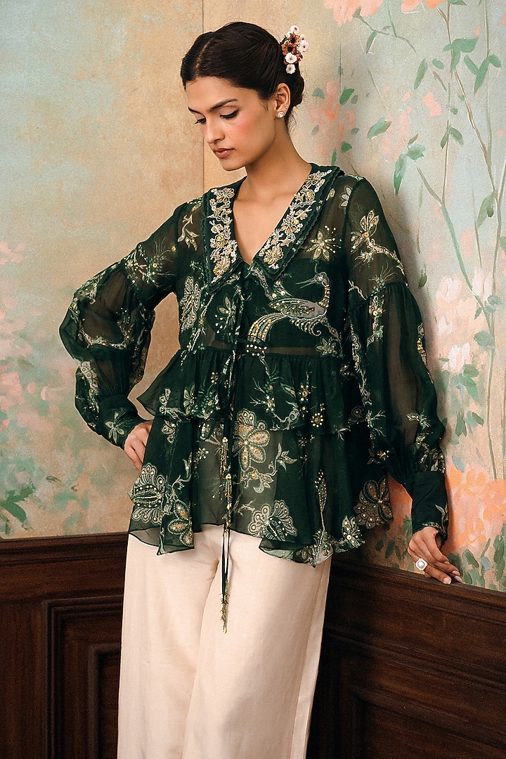 Forest Green Pure Organza Printed Shirt by Paulmi & Harsh at Pernia's Pop Up Shop
