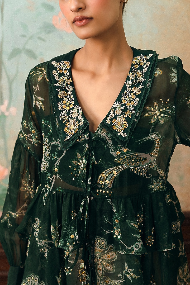 Forest Green Pure Organza Printed Shirt by Paulmi & Harsh at Pernia's Pop Up Shop