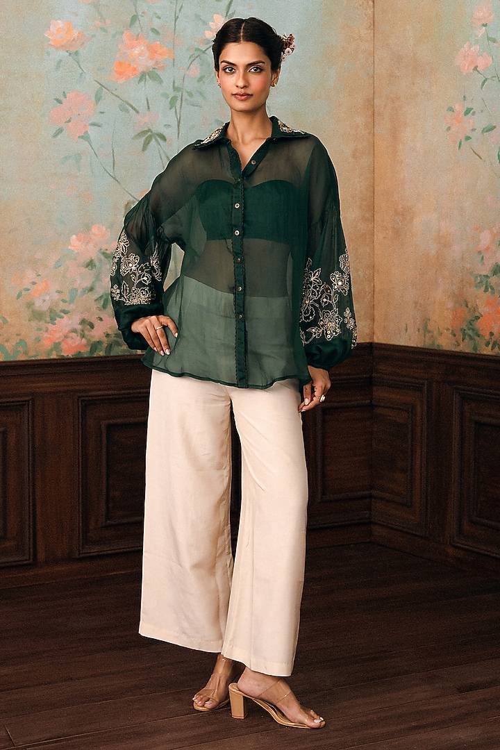 Forest Green Pure Organza Hand Embroidered Shirt by Paulmi & Harsh at Pernia's Pop Up Shop