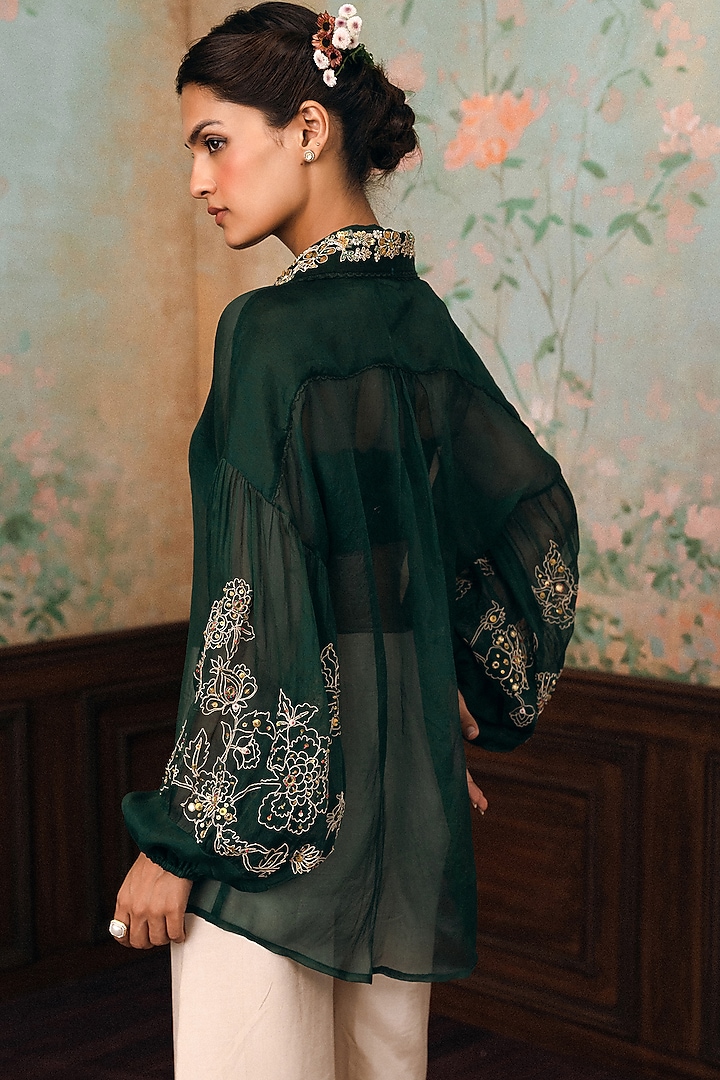 Forest Green Pure Organza Hand Embroidered Shirt by Paulmi & Harsh at Pernia's Pop Up Shop