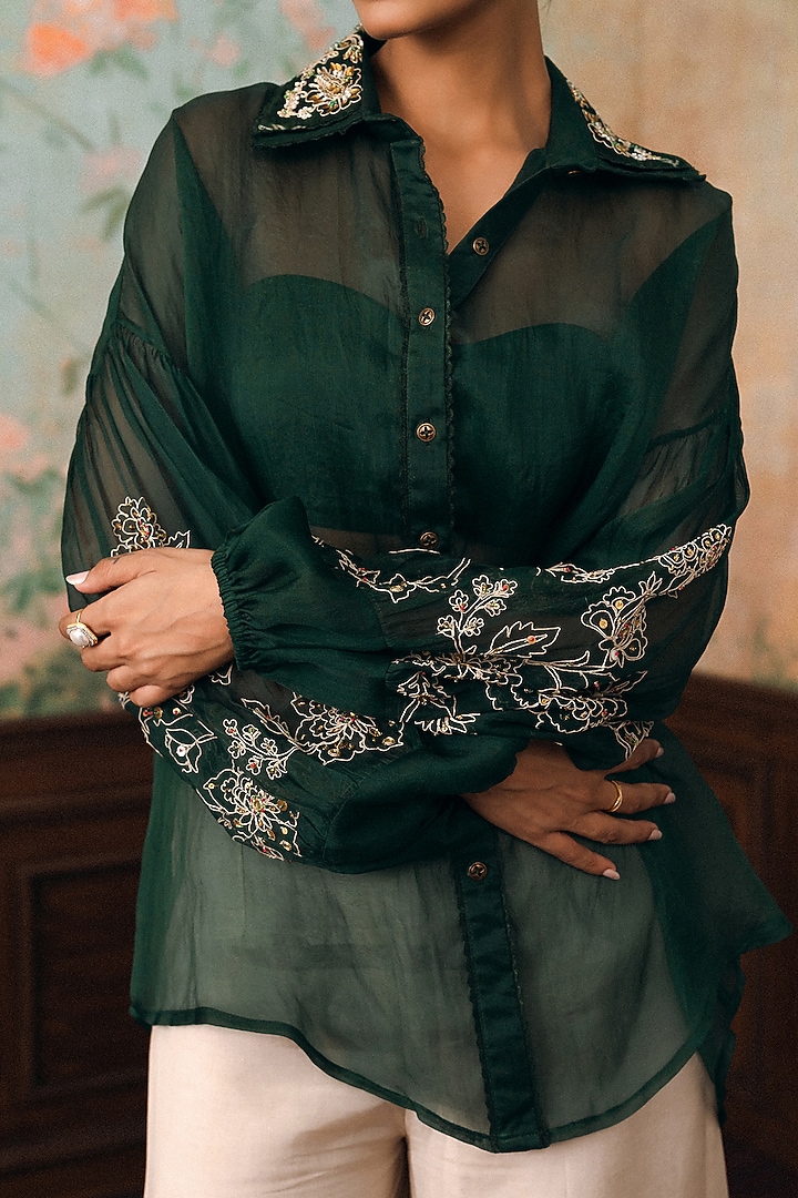 Forest Green Pure Organza Hand Embroidered Shirt by Paulmi & Harsh at Pernia's Pop Up Shop